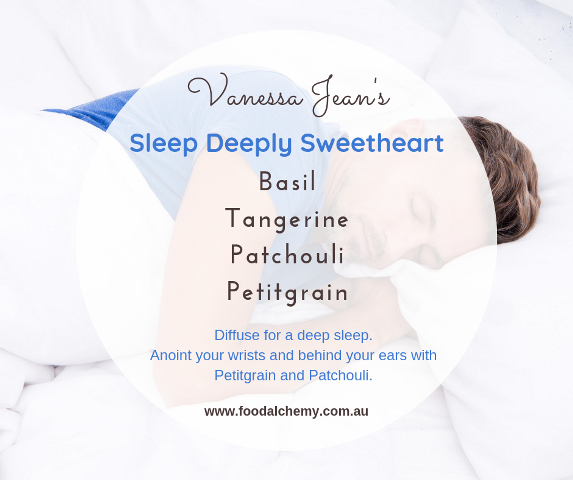 Sleep Deeply Sweetheart essential oil reference: Basil, Tangerine, Patchouli, Petitgrain.
